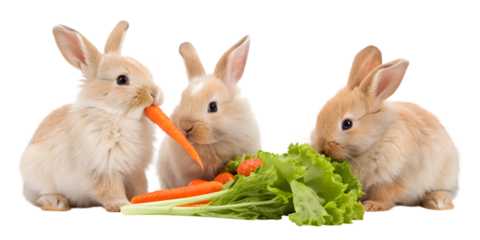 Three bunnies eating carrots and lettuce on with bright lighting on transparent background