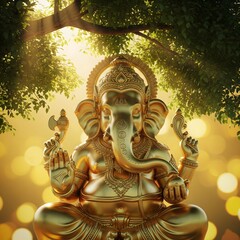 Fototapeta premium Golden ganesha statue under sunlight and lush green tree