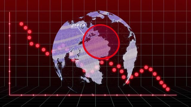 Red markers descending airplane entering rotating globe highlighting Asia for flight data 3D render