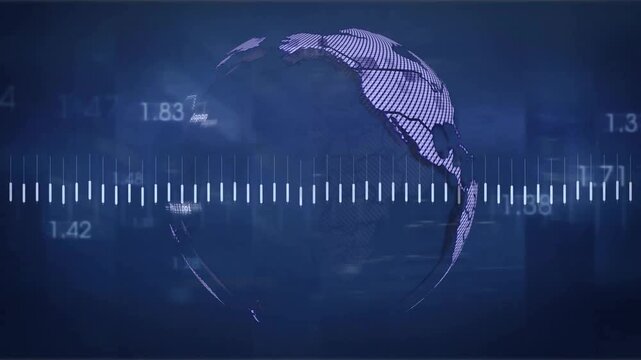 Row white bars moving on grid starting orange line tracing peaks rotating globe visualizing data