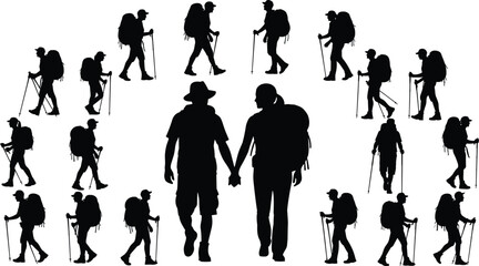 Silhouettes of hikers trekking with backpacks, outdoor adventure, scenic journey, nature exploration, walking companions, active lifestyle, teamwork, travel, togetherness