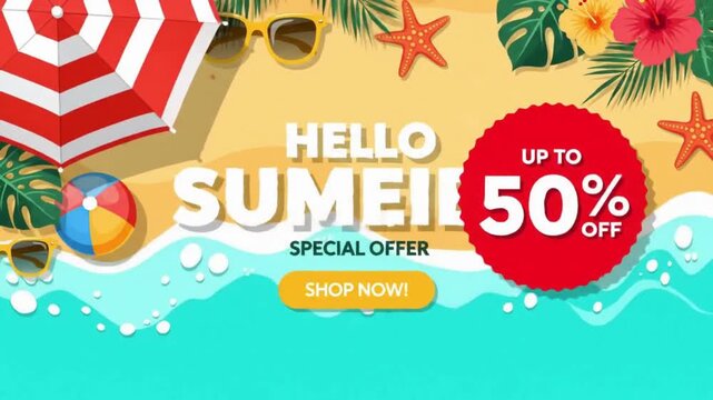 Colorful beach elements with Hello Summer special offer up to 50% discount off sale shopping banner. Summer holiday poster banner summer special.