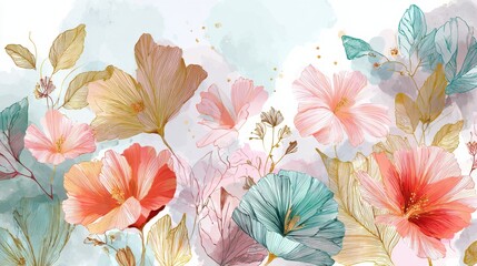 Flower watercolor art background vector. Wallpaper design with floral paint brush line art. leaves and flowers nature design for cover, wall art, invitation, fabric, poster, canvas print., no logos, 