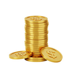 Stack of shining gold coins on transparent background with dollar symbols, symbolizing wealth, investment, and financial success, perfect for business concepts.