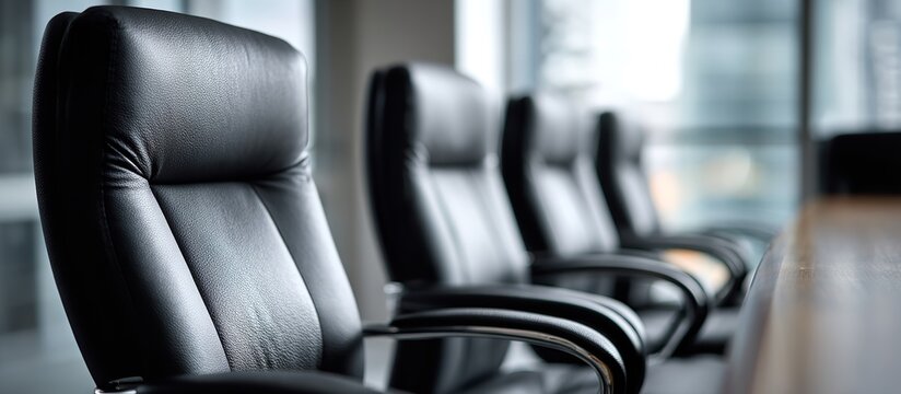 Modern Conference Room with Black Leather Office Chairs and Wooden Table in a Professional Business Environment