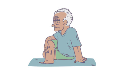 Elder senior man doing yoga and stretching, vector illustration.