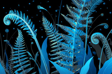 A vector illustration of bioluminescent New Zealand ferns with glowing frond spirals