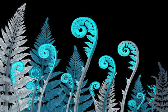 A vector illustration of bioluminescent New Zealand ferns with glowing frond spirals