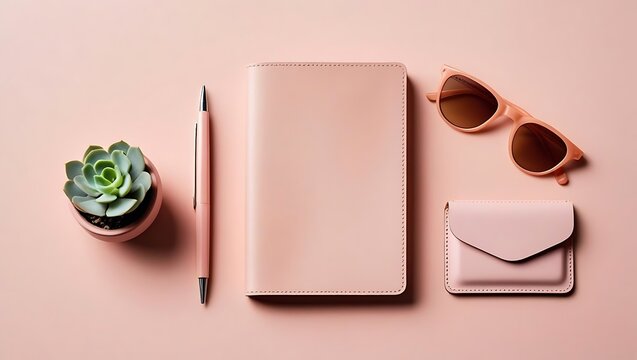 Minimalist aesthetic with a pink theme featuring a journal a pen sunglasses a wallet and a succulent plant creating a visually appealing workspace