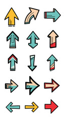 Collection of diverse hand drawn arrow icons illustrating directional movement and navigation