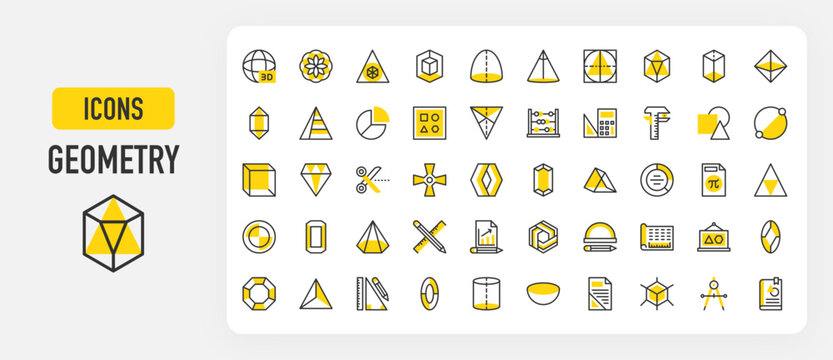Geometry icons. Geometrical, Diameter, Hemisphere, Hexagonal, Cylinder, Compass, Graph, Tetrahedron, Pencil, Circle, Drawing, Cube, Document vector stroke illustration.	

