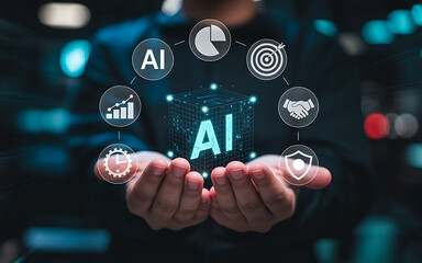 Man holding ai technology and digital icons representing data analytics and business growth