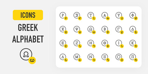 Greek alphabet icons. Kappa, Lambda, Mu, Nu, Xi, Omicron, Pi, Rho, Sigma, Tau, Alpha, Upsilon, Chi, Omega vector stroke illustration.	
