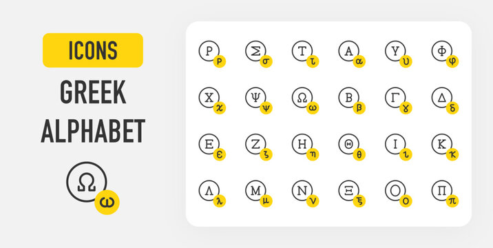 Greek alphabet icons. Kappa, Lambda, Mu, Nu, Xi, Omicron, Pi, Rho, Sigma, Tau, Alpha, Upsilon, Chi, Omega vector stroke illustration.	
