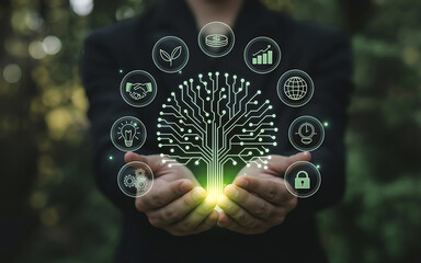 Person holding glowing digital tree of life with interconnected technology icons in nature background