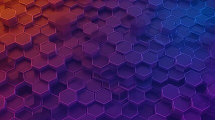 A 3D rendering of a honeycomb pattern in a gradient of colors ranging from warm orange to cool blue - Powered by Adobe