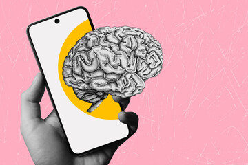 Art collage on the topic of modern smart technologies. Smart applications for mobile phones. Artificial intelligence in the modern world	
