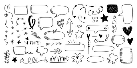 Hand-Drawn Doodle Elements: A charming collection of black and white vector illustrations featuring speech bubbles, arrows, hearts, stars, and decorative flourishes, perfect for design projects.