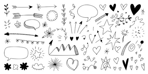 Obraz premium Hand-Drawn Doodle Collection: A whimsical set of black and white line art illustrations featuring arrows, hearts, stars, speech bubbles, and floral elements, perfect for design projects.