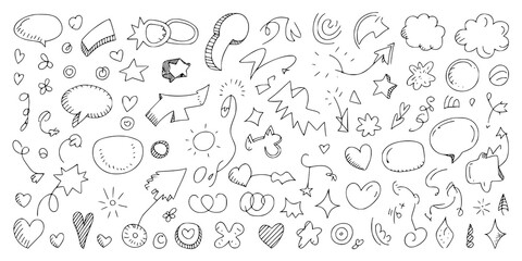 Naklejka premium Hand-Drawn Doodle Collection: A playful set of black and white line art illustrations featuring speech bubbles, arrows, hearts, stars, and whimsical shapes, perfect for design projects.
