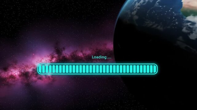 A 3D rendering of the Earth, alongside a loading bar with a nebula backdrop and possible space object in view