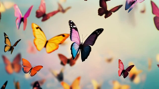 Colorful butterflies flying in soft pastel sky