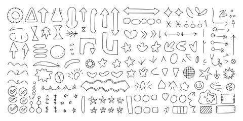 Hand-Drawn Doodle Collection: A playful set of black and white vector illustrations includes arrows, shapes, stars, and checkmarks, perfect for design projects.