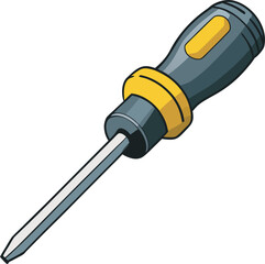 A cartoon illustration of a Phillips head screwdriver with a dark gray handle and yellow accents, isolated on a white background.