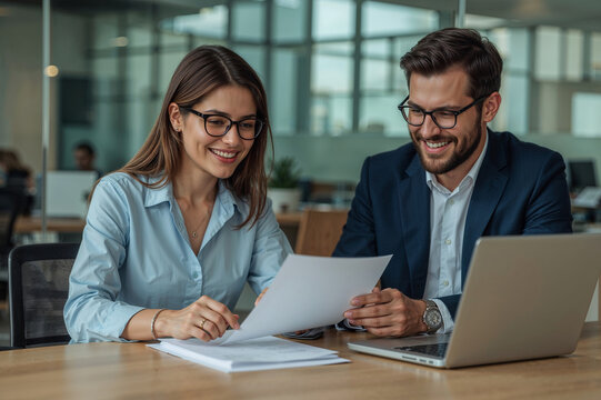 Two smiling business professionals reviewing documents at a desk with a laptop