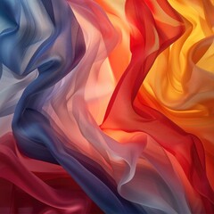 Obraz premium Abstract image of flowing, translucent fabric in shades of blue, red, and orange, creating a dynamic, colorful composition with light interplay