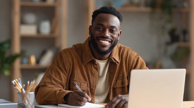 Happy smiling African American mixed race adult student having virtual meeting with diverse people online call elearning webinar at home office writing notes. Video e learning conference call on pc.,