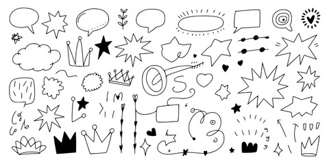 Hand-Drawn Doodle Collection: A playful set of black and white line art illustrations features speech bubbles, stars, crowns, hearts, and various whimsical elements perfect for design projects.