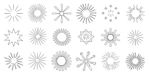 Obraz premium Sunburst & Starburst Line Art Set: A collection of 18 hand-drawn, monochrome sunburst and starburst illustrations, perfect for design projects.