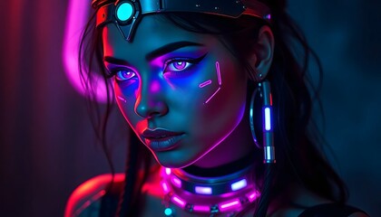 Cyberpunk girl portrait with neon lights futuristic fashion and digital art style
