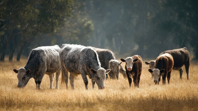 Grazing beef cows and calfs south west Victoria Australia eating hay and silage breeds specked park murray grey angus brangus copy space image