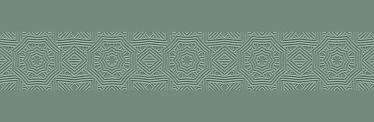 Banner, cover design, wallpaper, fresco. Geometric ethnic pattern on a green background. Embossing, 3D, zentangle. Tribal ornaments, arabesques, mandala of the East, Asia, India, Mexico, Aztecs, Peru.