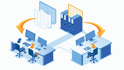 Isometric illustration of data transfer between workstations and server with arrows depicting flow