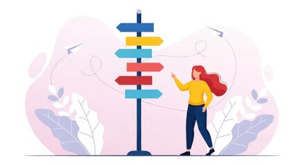 Obraz premium A woman stands at a signpost with multiple directional arrows contemplating which path to take