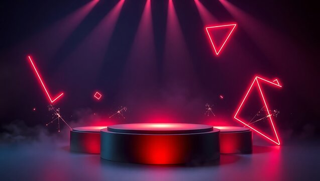Futuristic neon stage with geometric shapes and red lights