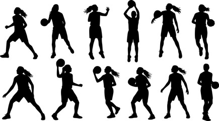 Vector silhouettes of girls highschool basketball players.
