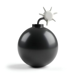 3D Black Spherical Bomb Icon with White Fuse Isolated on White Background