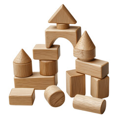 Artistic arrangement of wooden building blocks on a solid transparent background for creative concepts