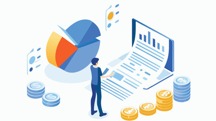 Isometric illustration showing a person analyzing financial data with pie chart and coin stacks displayed