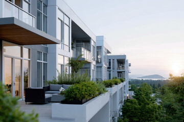 Modern apartment building exterior with balcony and sunset view