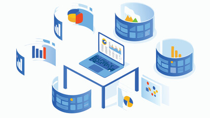 Isometric view of a laptop on a table surrounded by curved screens displaying various data visualizations
