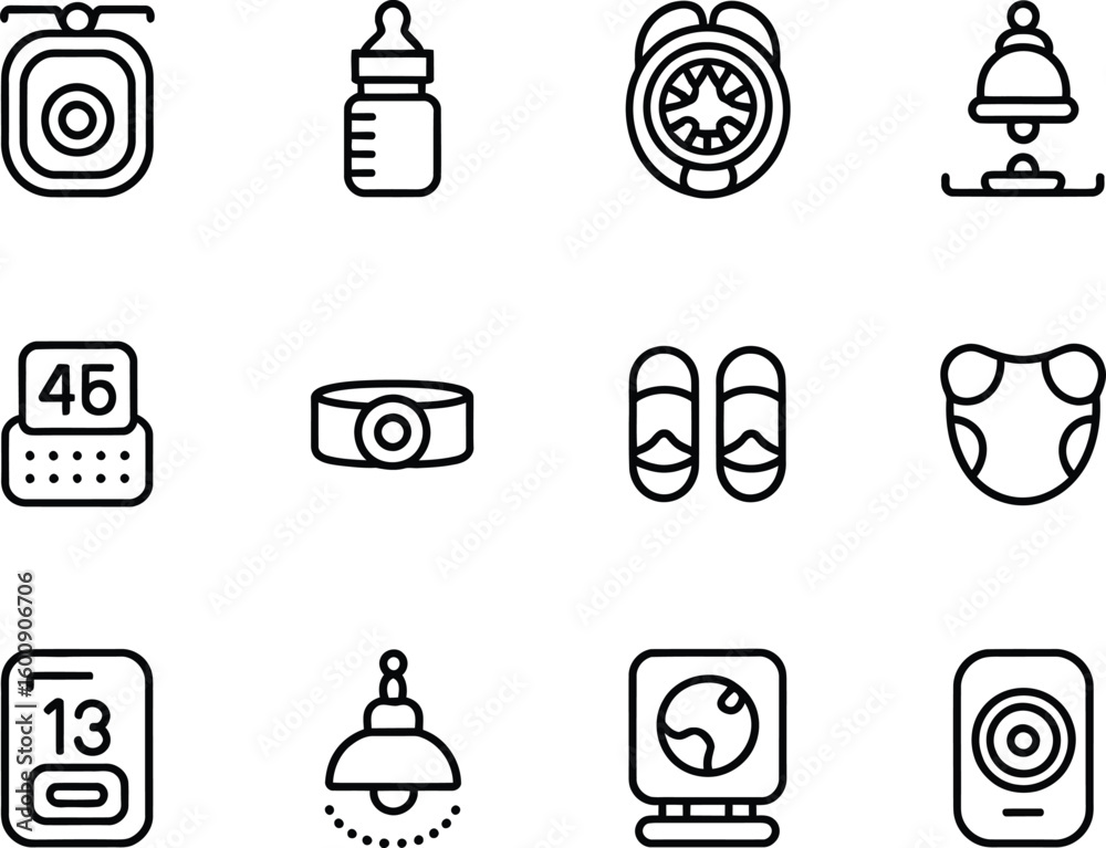 Poster collection of simple line art icons representing everyday objects and technology