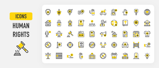 Human rights icons. Support, Auction, Family, Law Book, Education, Solidarity, Women Rights, Vote, Unity, Morality, Charity , Manifesto, Jail, Rejection vector stroke illustration.	
