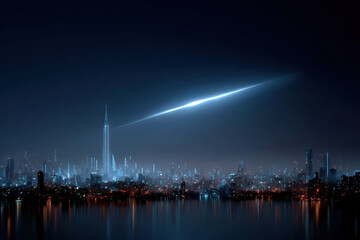 Futuristic city skyline at night with light beam crossing the sky