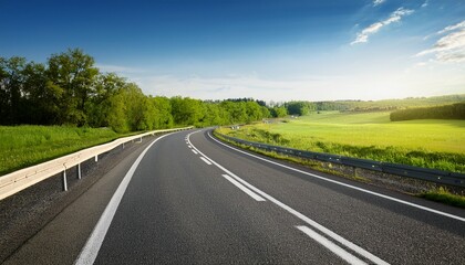Fototapeta premium an empty asphalt highway winds through a green summer country landscape under a clear sky