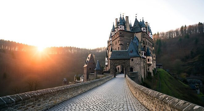 Ancient castle elz illuminated by sunlight on a cobblestone bridge